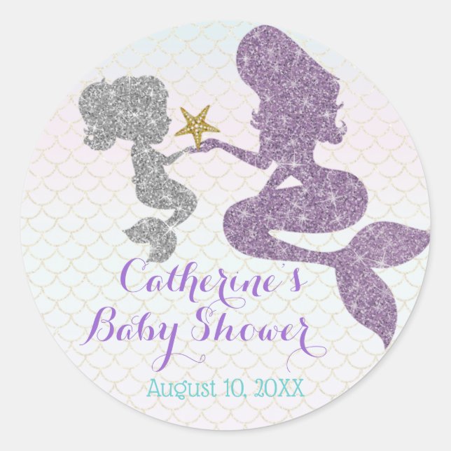 Pegatina Redonda Personalizar Mermaid Baby Shower Sparkle Purple Ve (Anverso)