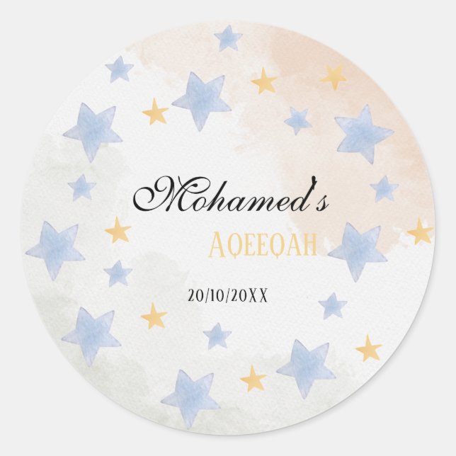 Pegatina Redonda Personalized Aqeeqah Star Sticker – Name & Date (Anverso)