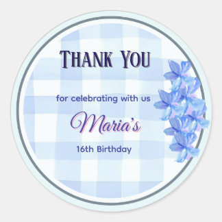 Pegatina Redonda Personalized Blue Floral Thank You Sticker | Bday