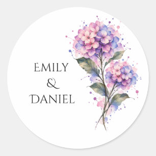 Pegatina Redonda Personalized Blue Hydrangea Watercolor Wedding Sti
