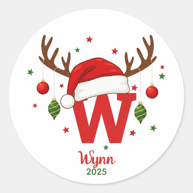 Pegatina Redonda Personalized Christmas Monogram W Santa Hat (Anverso)