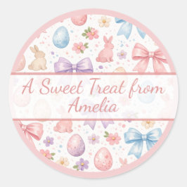 Pegatina Redonda Personalized Coquette Bunny & Pink Bow Easter