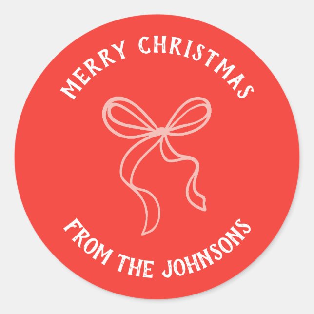 Pegatina Redonda Personalized Family Name Merry Christmas Bow (Anverso)