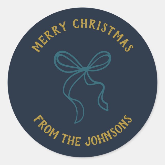 Pegatina Redonda Personalized Family Name Merry Christmas Bow (Anverso)