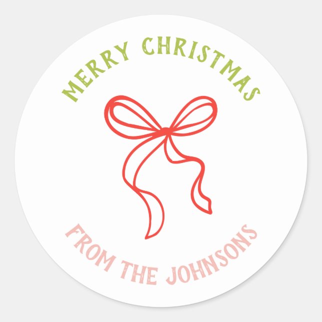 Pegatina Redonda Personalized Family Name Merry Christmas Bow (Anverso)