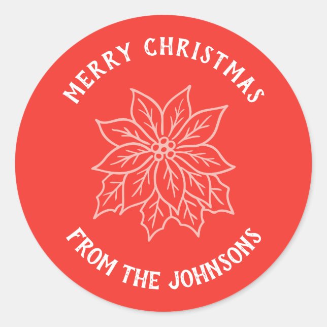 Pegatina Redonda Personalized Family Name Merry Christmas Flower (Anverso)