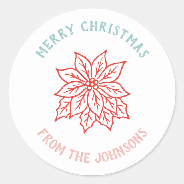 Pegatina Redonda Personalized Family Name Merry Christmas Flower (Anverso)