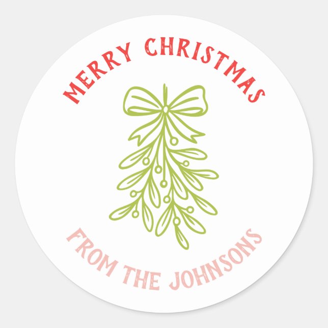Pegatina Redonda Personalized Family Name Merry Christmas Mistletoe (Anverso)