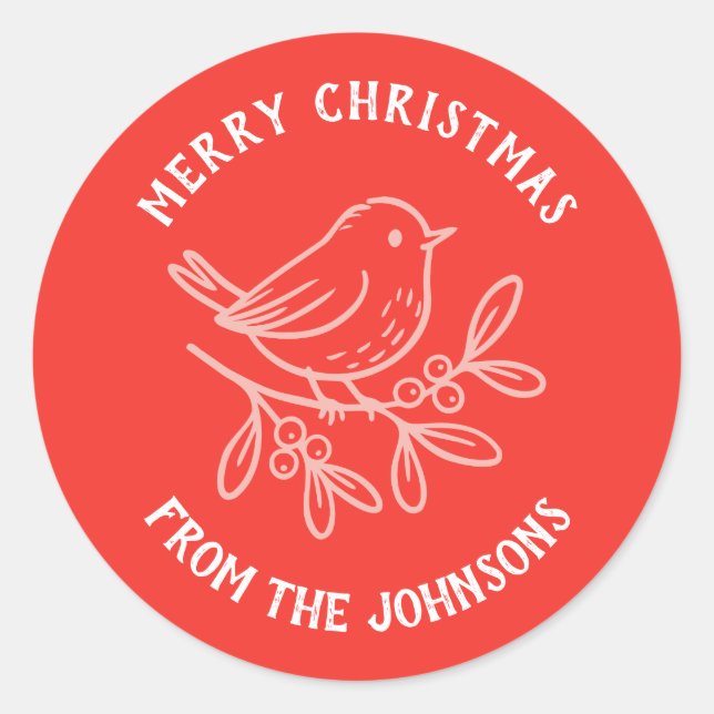 Pegatina Redonda Personalized Family Name Merry Christmas Robin (Anverso)