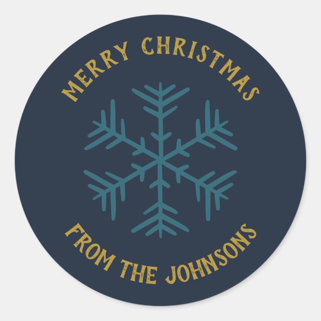 Pegatina Redonda Personalized Family Name Merry Christmas Snowflake (Anverso)