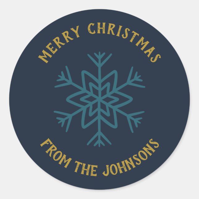 Pegatina Redonda Personalized Family Name Merry Christmas Snowflake (Anverso)