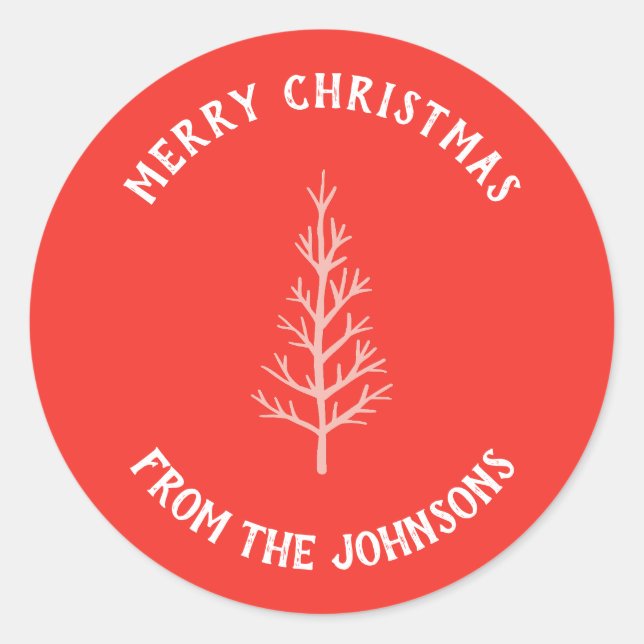 Pegatina Redonda Personalized Family Name Merry Christmas Tree (Anverso)
