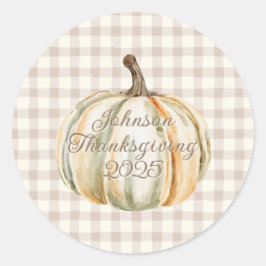 Pegatina Redonda Personalized Family Thanksgiving Neutral Gingham 