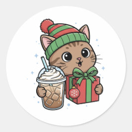 Pegatina Redonda Personalized Festive Cat & Iced Latte Round Sticke
