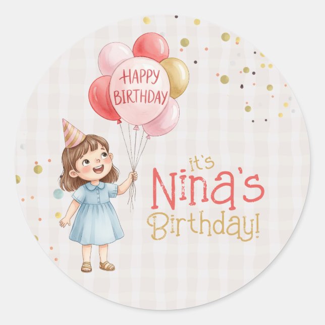 Pegatina Redonda Personalized Girl Birthday Party Sticker (Anverso)
