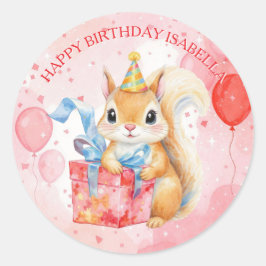 Pegatina Redonda Personalized Happy Birthday Girl's Squirrel