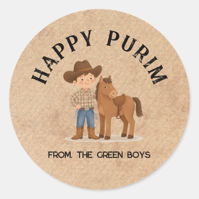 Pegatina Redonda Personalized Happy Purim Round Sticker - Cowboy (Anverso)