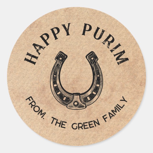 Pegatina Redonda Personalized Happy Purim Round Sticker - Horseshoe (Anverso)