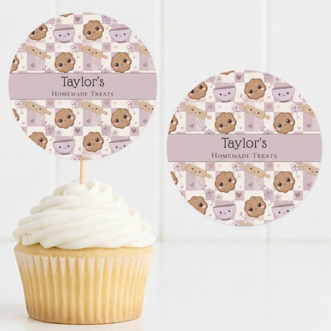 Pegatina Redonda Personalized Kawaii Cookie Gingham Cupcake Topper  (Subido por el creador)