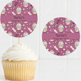 Pegatina Redonda Personalized Kawaii Pink Purple Cupcake Topper 