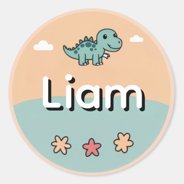 Pegatina Redonda Personalized Kids Name Sticker– Cute Dinosaur  (Anverso)