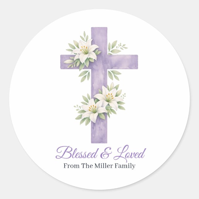 Pegatina Redonda Personalized Lavender Floral Cross Blessed & Loved (Anverso)