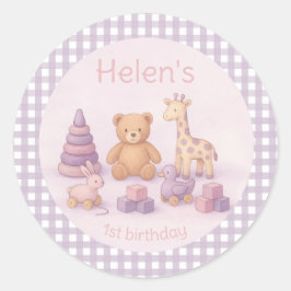 Pegatina Redonda Personalized Lavender Gingham 1st Birthday 
