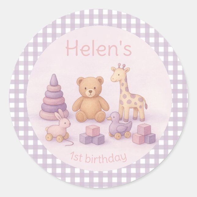 Pegatina Redonda Personalized Lavender Gingham 1st Birthday  (Anverso)
