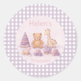 Pegatina Redonda Personalized Lavender Gingham 1st Birthday 
