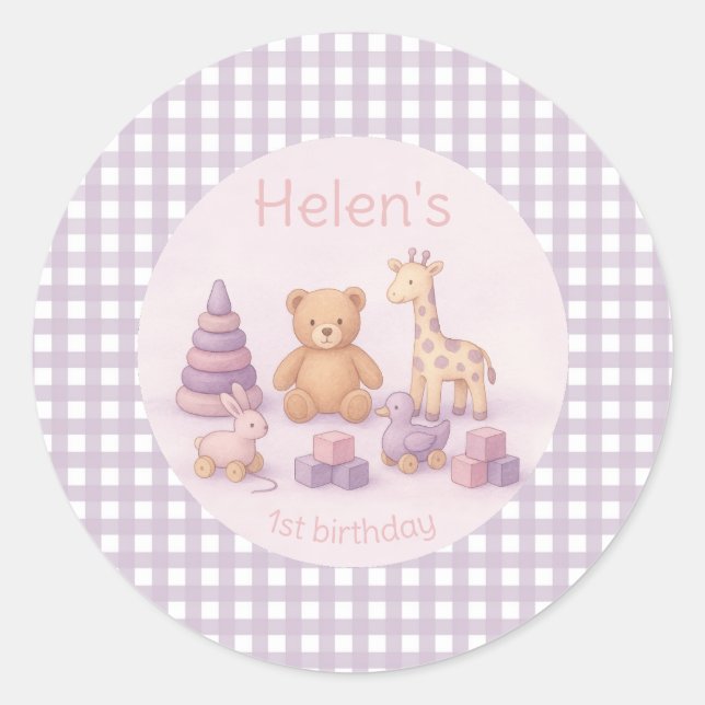 Pegatina Redonda Personalized Lavender Gingham 1st Birthday  (Anverso)