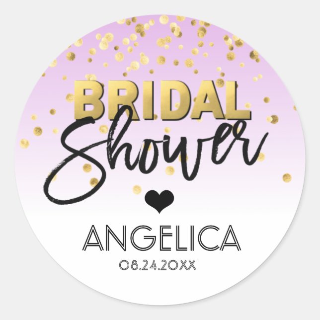 Pegatina Redonda Personalized LAVENDER Gold Foil Bridal Shower (Anverso)