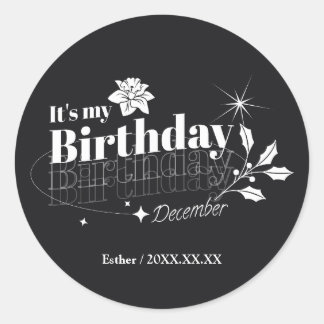 Pegatina Redonda Personalized Modern Black Floral December Birthday