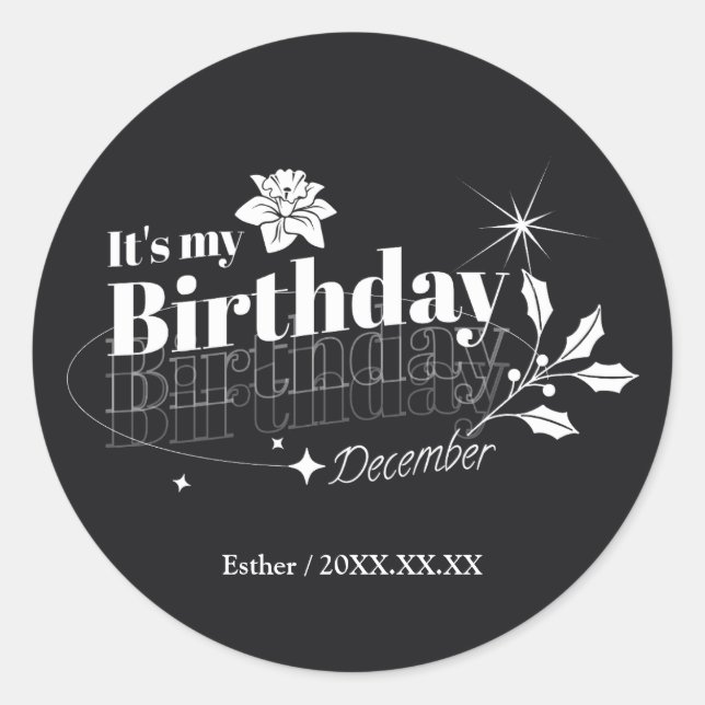 Pegatina Redonda Personalized Modern Black Floral December Birthday (Anverso)