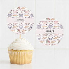 Pegatina Redonda Personalized Name Kawaii Checkered Cupcake Topper 