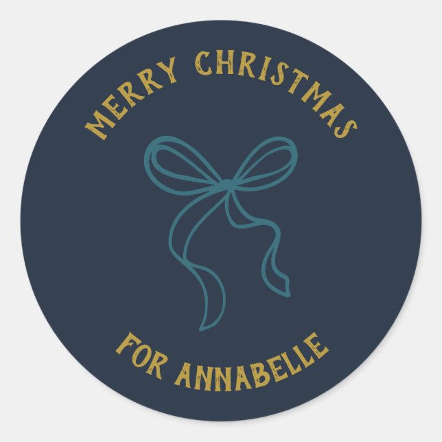 Pegatina Redonda Personalized Name Merry Christmas Bow (Anverso)