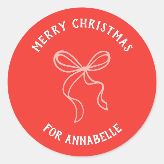 Pegatina Redonda Personalized Name Merry Christmas Bow (Anverso)