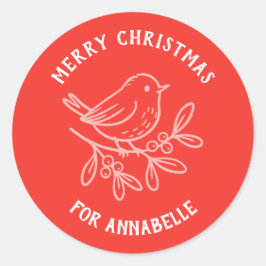 Pegatina Redonda Personalized Name Merry Christmas Robin