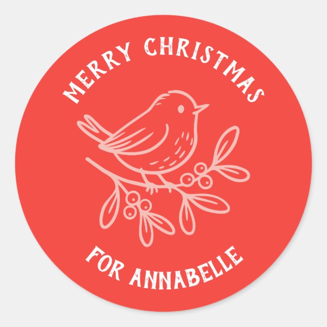 Pegatina Redonda Personalized Name Merry Christmas Robin (Anverso)