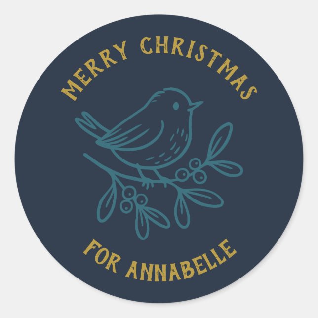 Pegatina Redonda Personalized Name Merry Christmas Robin (Anverso)
