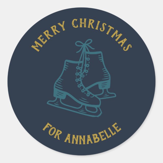 Pegatina Redonda Personalized Name Merry Christmas Skates (Anverso)