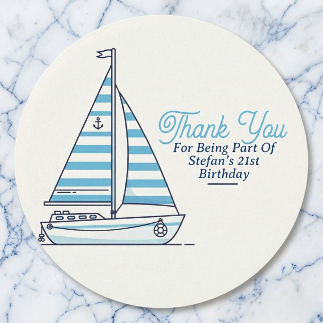 Pegatina Redonda Personalized Nautical Sailboat Cabana Stripe  (Personalized stickers for your celebration.)