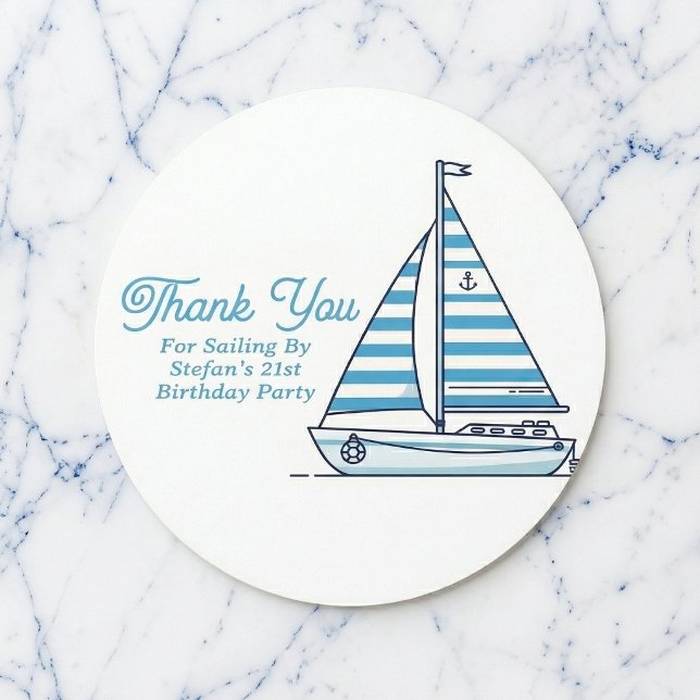 Pegatina Redonda Personalized Nautical Sailboat Cabana Stripe  (Personalized stickers for your celebration.)