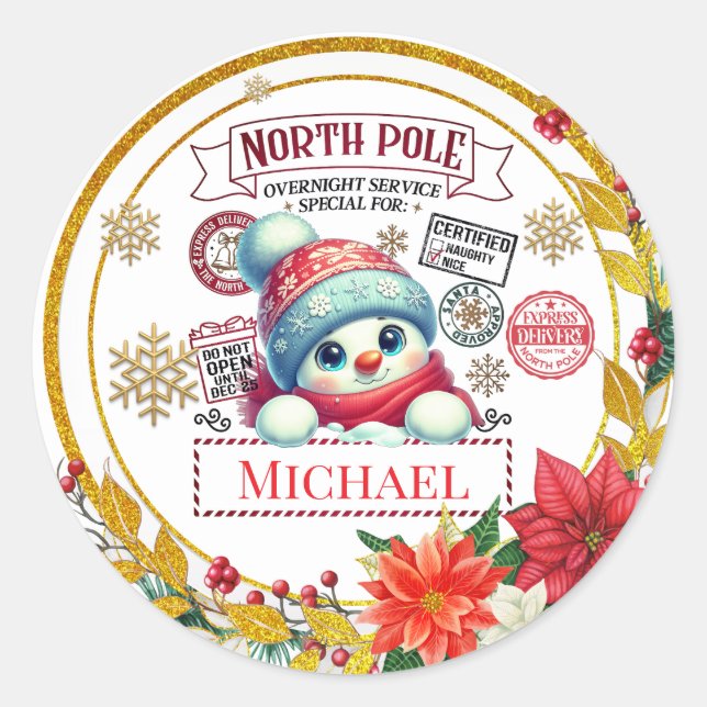 Pegatina Redonda Personalized North Pole Snowman Christmas Gift (Anverso)