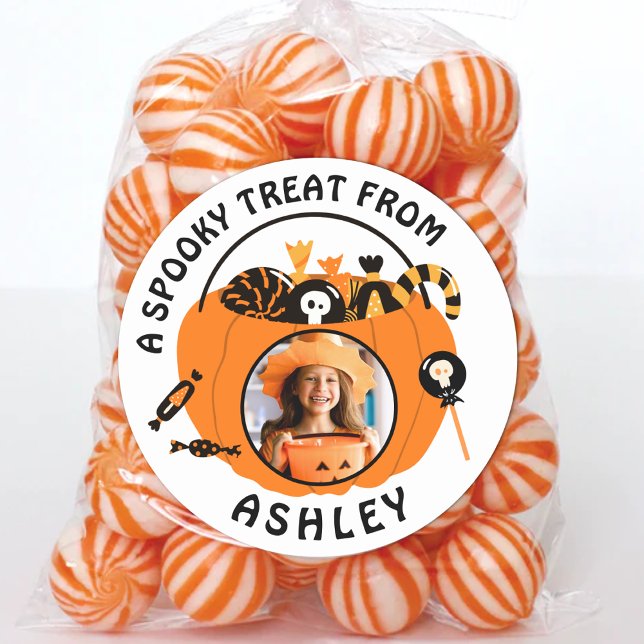 Pegatina Redonda Personalized Photo Name Halloween Candy Treat (Personalized Photo Name Kids Halloween Candy Bucket Stickers Custom Treat Labels for Classroom Party)