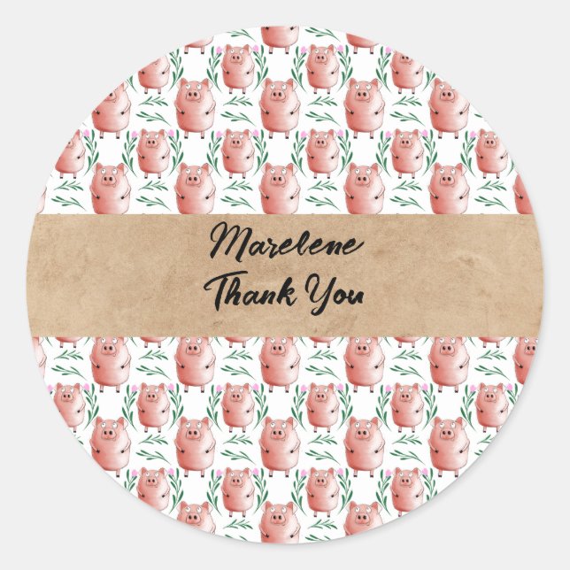 Pegatina Redonda Personalized Pig Sticker – Cute Custom Farm Animal (Anverso)