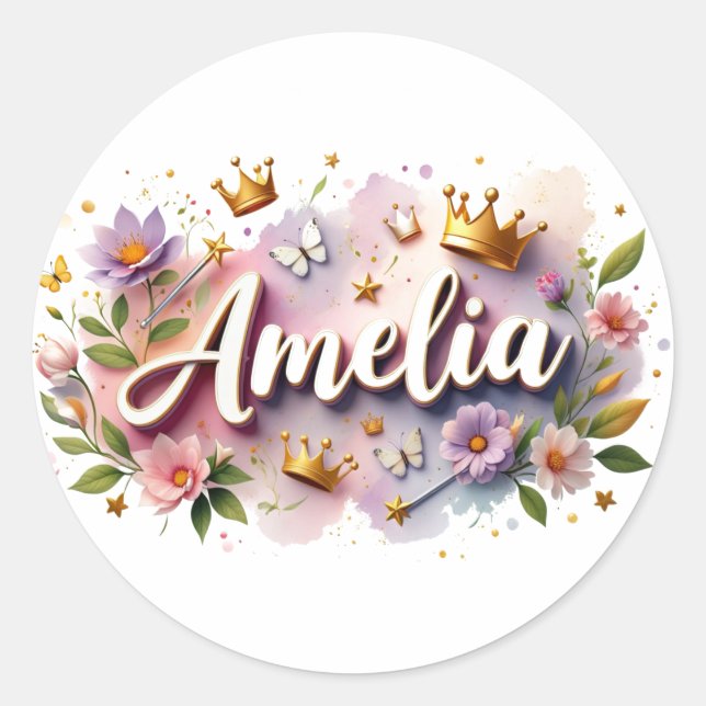 Pegatina Redonda Personalized  Princess Floral Name Stickers  (Anverso)