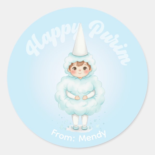Pegatina Redonda Personalized Purim Sticker – Blue Cotton Candy (Anverso)