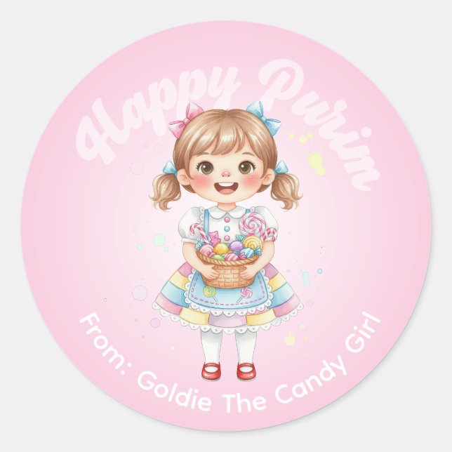 Pegatina Redonda Personalized Purim Sticker – Candy Girl Theme (Anverso)