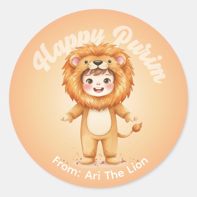 Pegatina Redonda Personalized Purim Sticker – Lion Theme (Anverso)