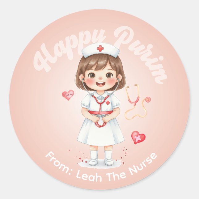 Pegatina Redonda Personalized Purim Sticker – Nurse Theme (Anverso)